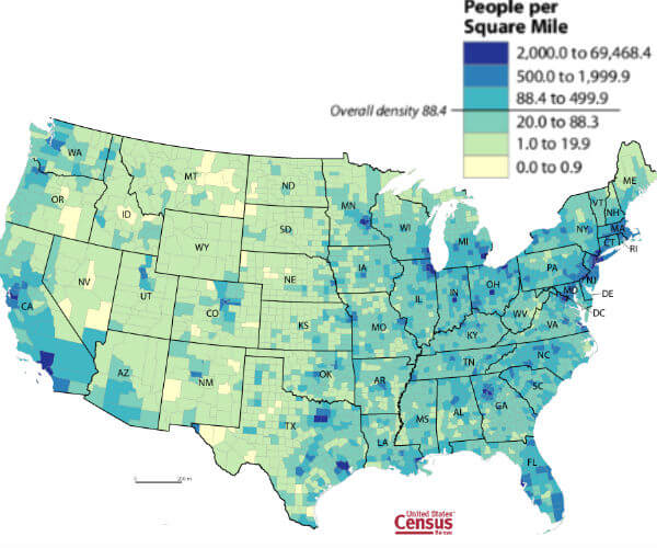 Map of the US showing population density by state and county