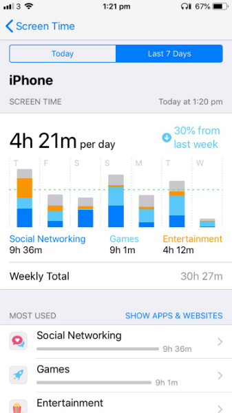 Screen Time on iOS 12 seven day view
