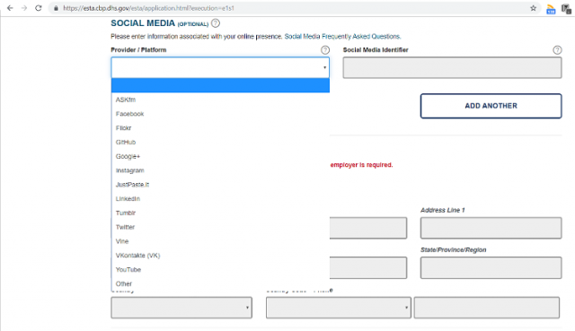 US visa application social media details