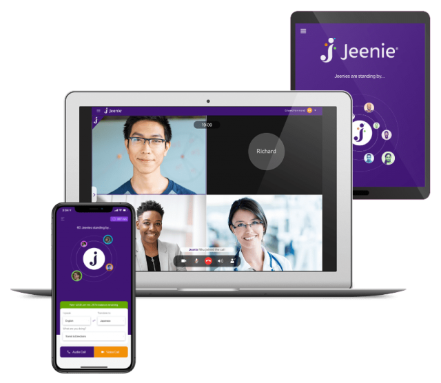 Jeenie translation startup app on mobile laptop and tablet