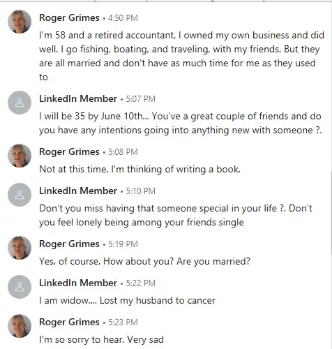 LinkedIn romance scam example 