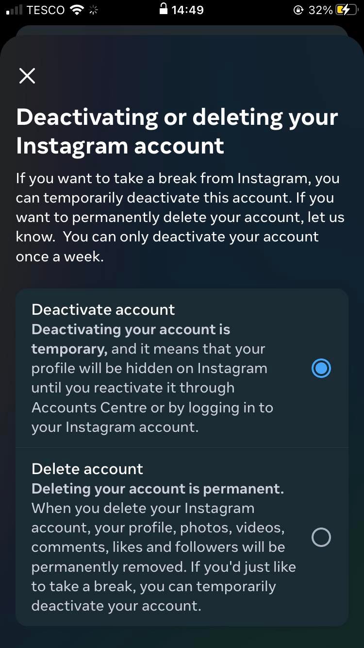 How to delete and deactivate Instagram on iOS: Step 7