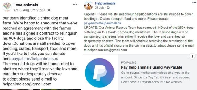 Examples of fake charity campaigns on Facebook