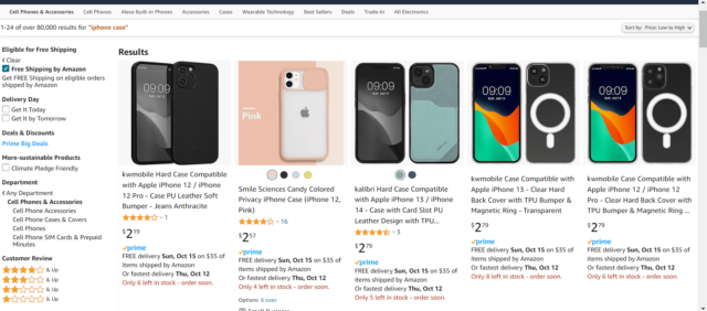 Screenshot of iPhone cases for sale on the Amazon US website during Prime Day October 2023