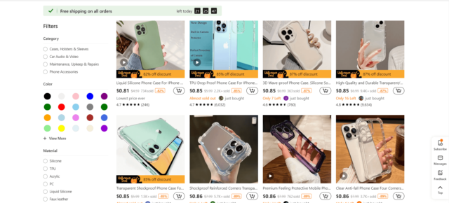 Screenshot of iPhone cases available on Temu US website