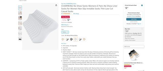Screenshot of white socks for sale on Amazon US during Prime Day October 2023