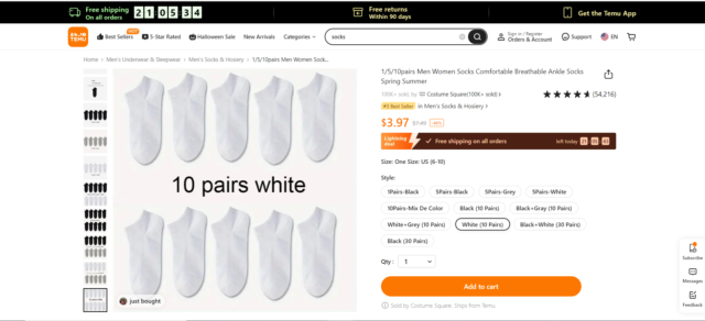 Cheap white socks for sale on Temu US website