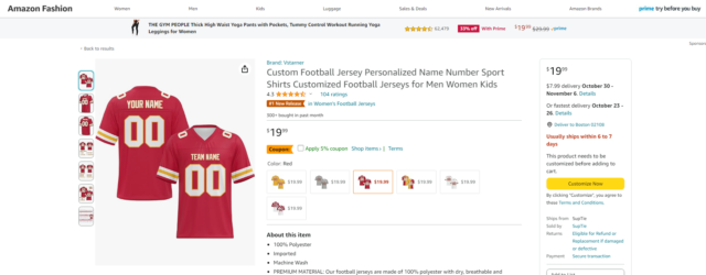 Generic NFL style football jersey on sale at Amazon