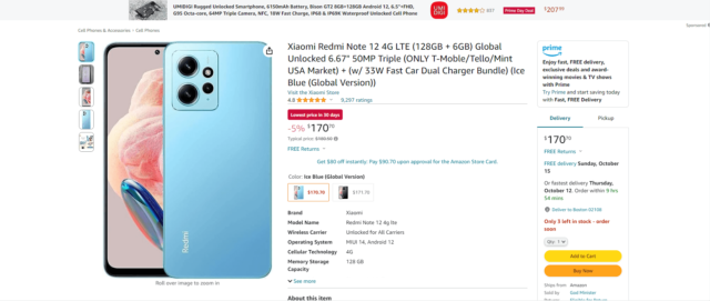 Redmi Note 12 smartphone on sale on Amazon US
