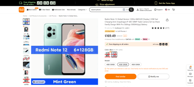 Redmi Note 12 on sale on Temu