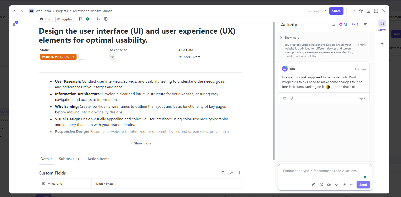 Commenting on tasks in ClickUp. Source: Tech.co
