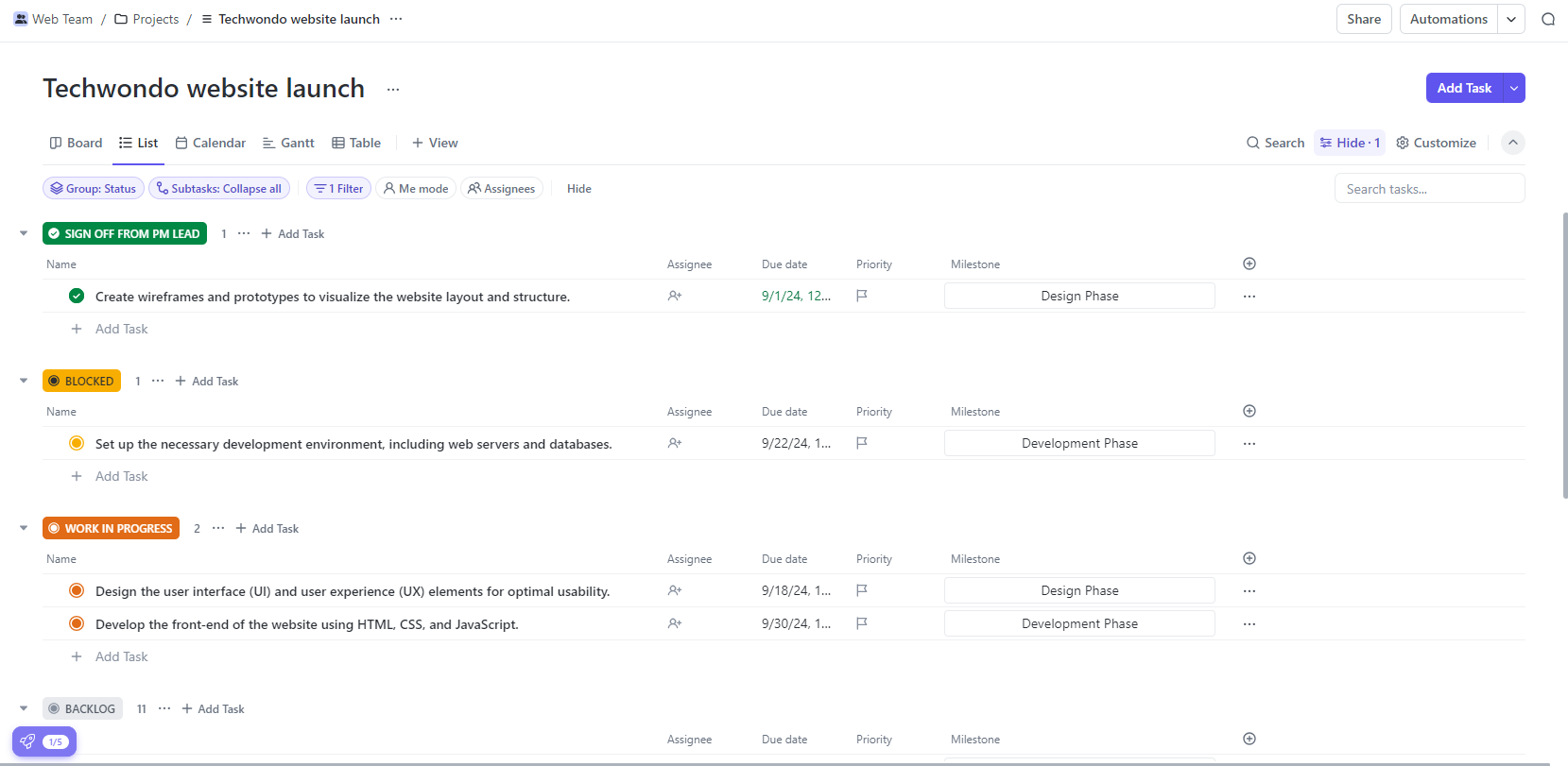 ClickUp list view