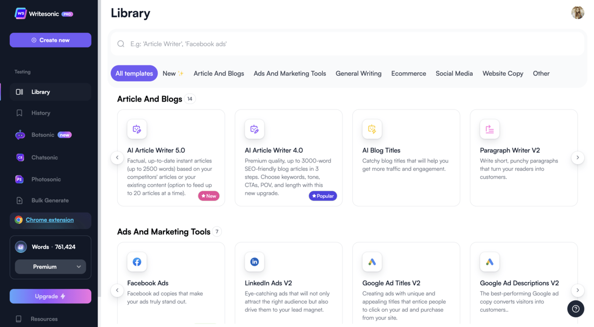 Writesonic Library screenshot