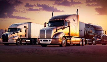 Semi truck vehicles parked at sunset