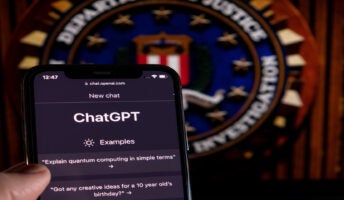 ChatGPT logo in front of DoJ badge