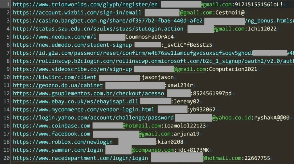 Screenshot of stolen credentials from Naz.API dataset